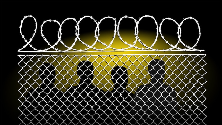 Dark illustration of fence with barbed wire and silhouettes of people behind it.