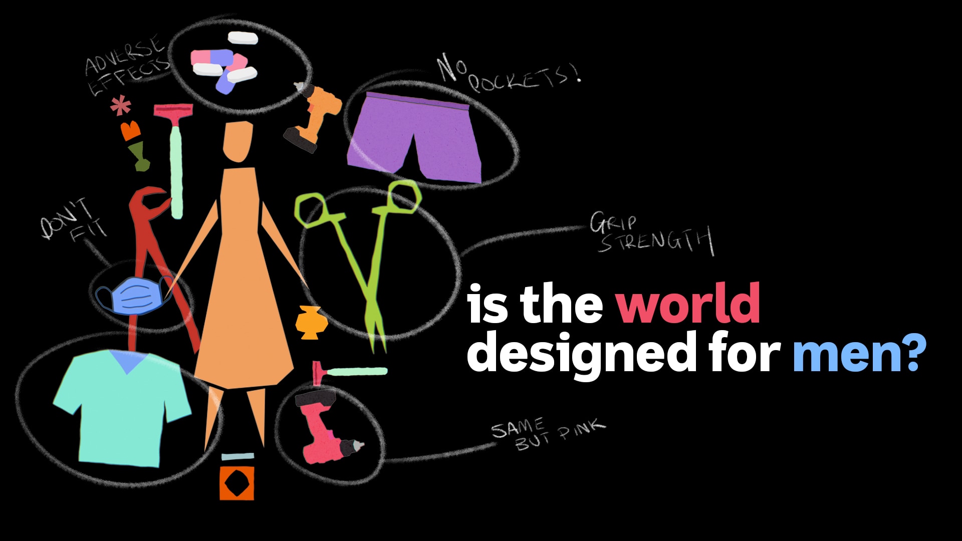 Illustration of various products like scissors, power drill, shorts, face mask, medicine pills and more.