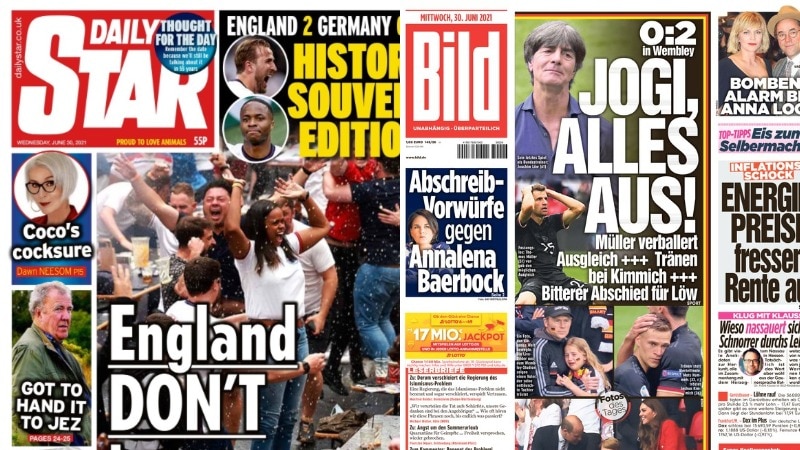 Composite image of front pages from an English and German newspaper.
