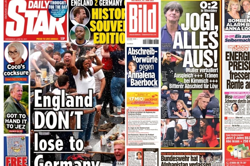 Composite image of front pages from an English and German newspaper.