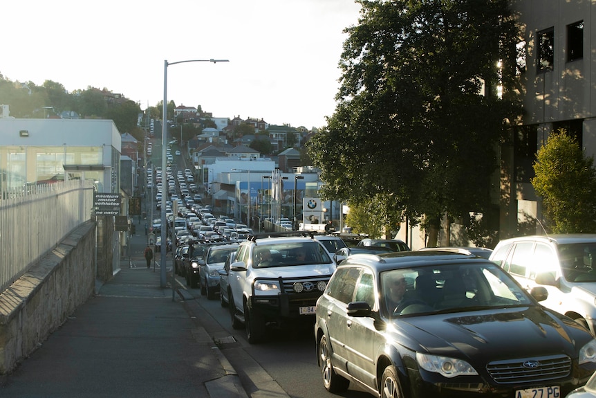 line of cars in traffic congestion Hobart city 