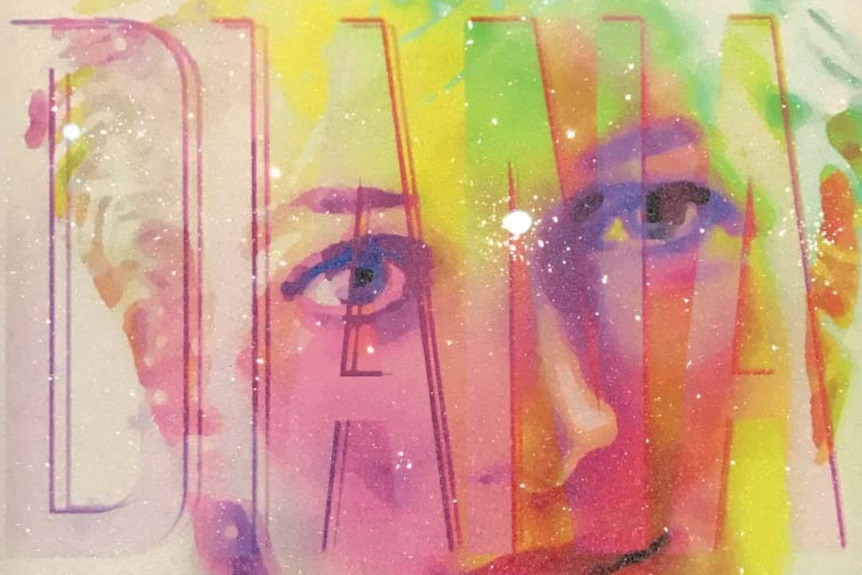 Colourful portrait of Princess Diana with the word Diana superimposed over the top.