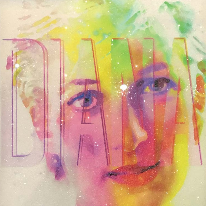 Colourful portrait of Princess Diana with the word Diana superimposed over the top.