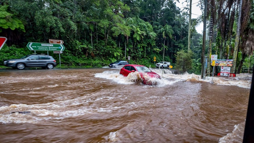 Cars try to drive through floodwaters through Curtis Road and Curtis Falls on Mount Tamborine during a deluge.