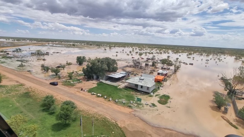 aerial of flooded outback town