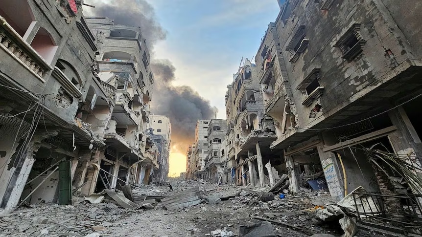 A row of buildings destroyed by air strikes