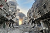 A row of buildings destroyed by air strikes