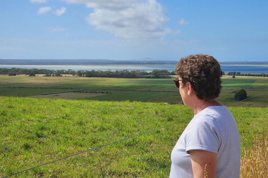 A woman in a white top looks out over a green horizon, a small island can be seen in the background.