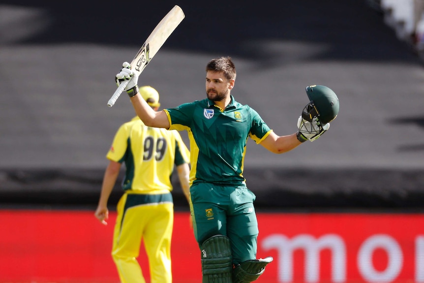 Rilee Rossouw celebrates a ton against Australia