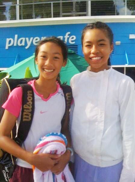 Tennis players Lizette Cabrera and Priscilla Hon smile for a photo.