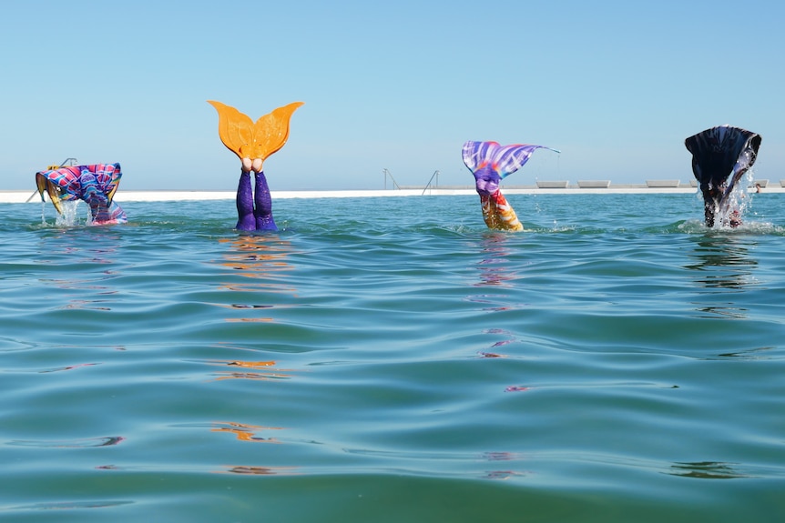 Four people do a handstand in the water with brightly coloured tails and flippers sticking out