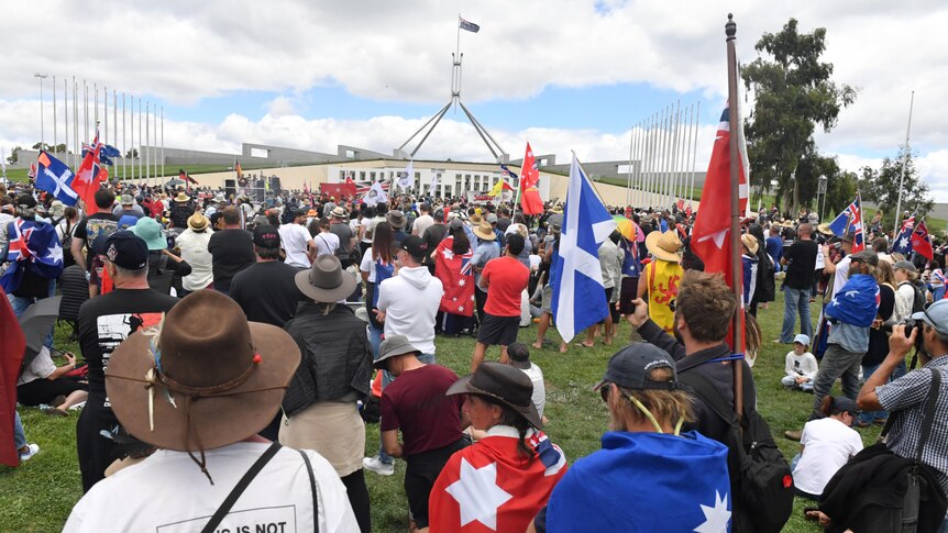 People with flags and signs against vaccination stand on the lawns of Parliament House.