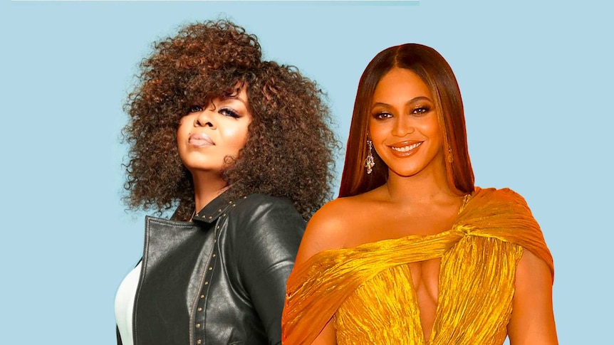 Composite image of Robin S. and Beyonce before a blue background