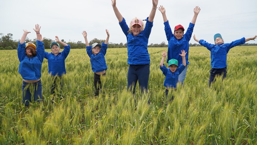 seven primary school kids jump in a wheat paddock