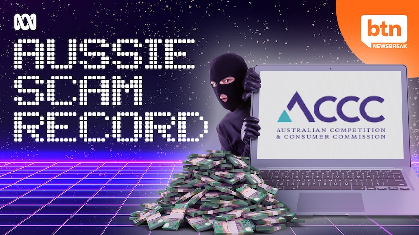A collage of a man dressed as a thief peering from behind a laptop staring at a pile of money. Low-fi, 80s tech style.