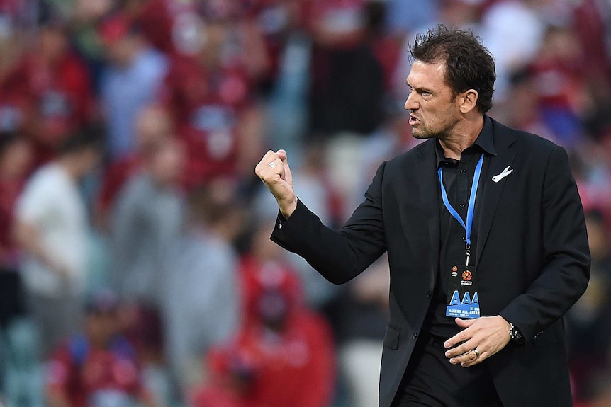 Wanderers coach Tony Popovic celebrates his side's win over Wellington Phoenix