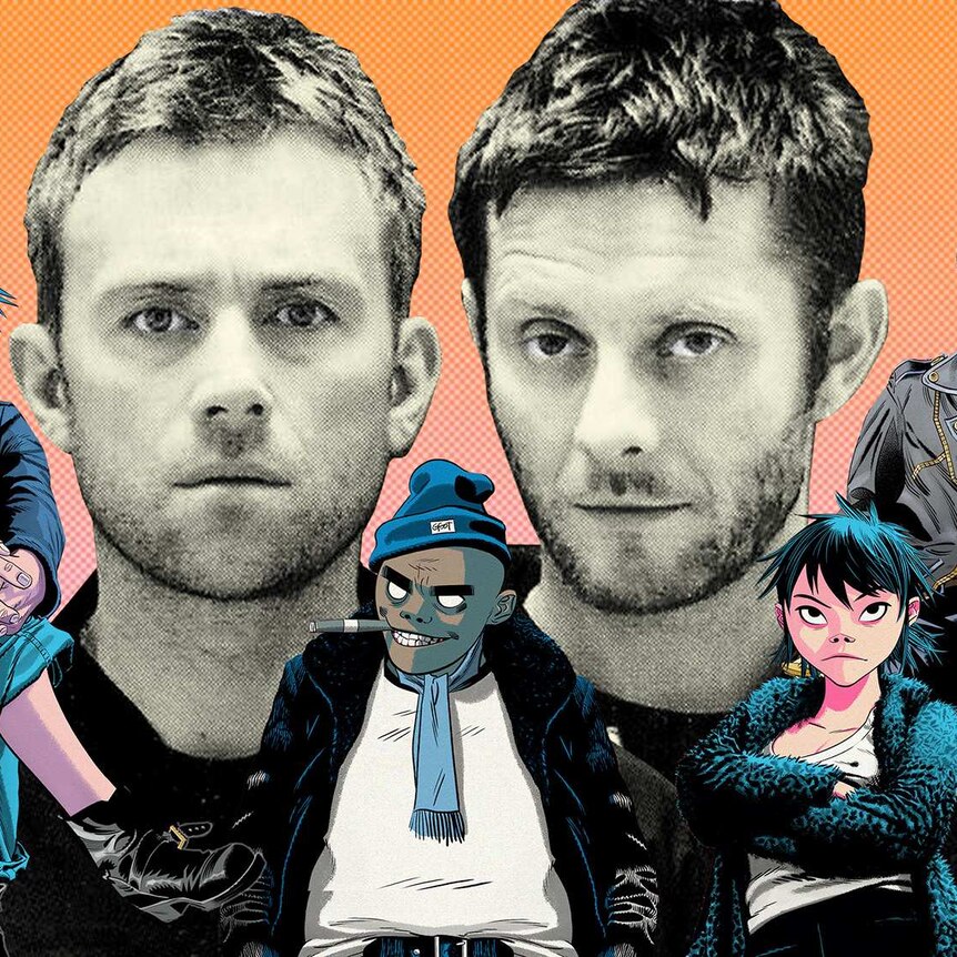 An illustration of Damon Albarn and Jamie Hewlett with the fictional cartoon characters of virtual band Gorillaz