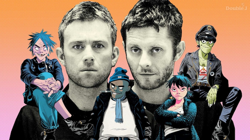 An illustration of Damon Albarn and Jamie Hewlett with the fictional cartoon characters of virtual band Gorillaz