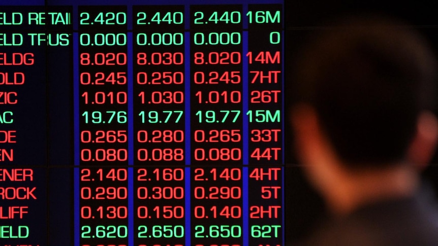 City office-workers and passers-by watch the ASX board in Sydney