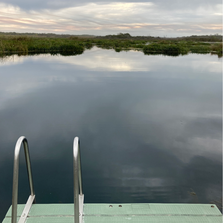 A lake with a pool ladder and deck next to it