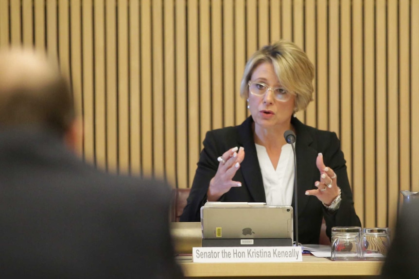 Senator Keneally is sitting at a desk questioning officials. She is mid sentence and gesturing with her hands.