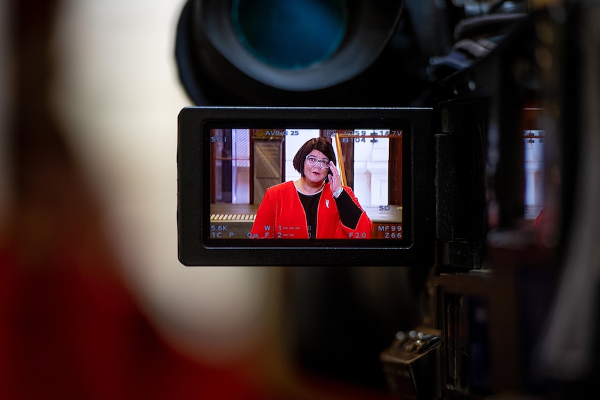 A photo of the view finder of a tv camera where you can see Zoe Bettison standing in front of microphones