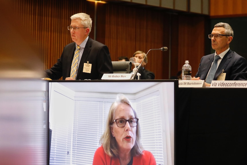 A woman mid-sentence in a tv screen below a table in with two men with grey hair and glasses wearing suits sitting at the table.