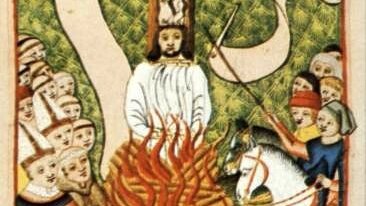 Medieval illustration of Catholic heretic Jan Hus being burned at the stake