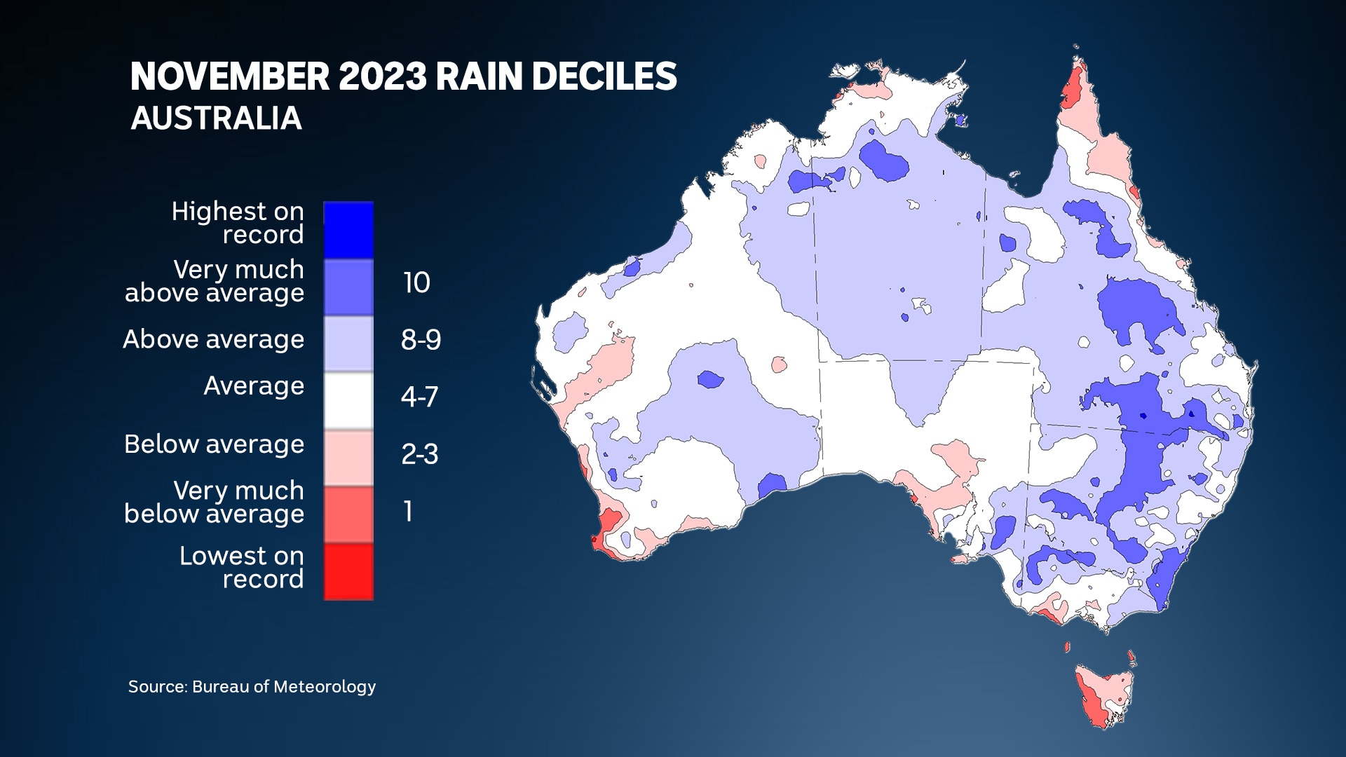 a graph of australia showing the rain falls across the country for november 2023