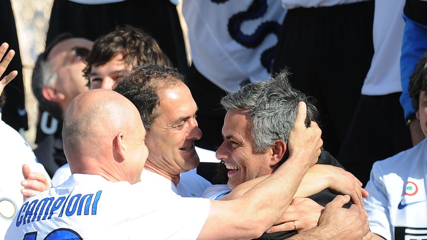 Emotional day: Inter Milan manager Jose Mourinho celebrates his second straight scudetto.