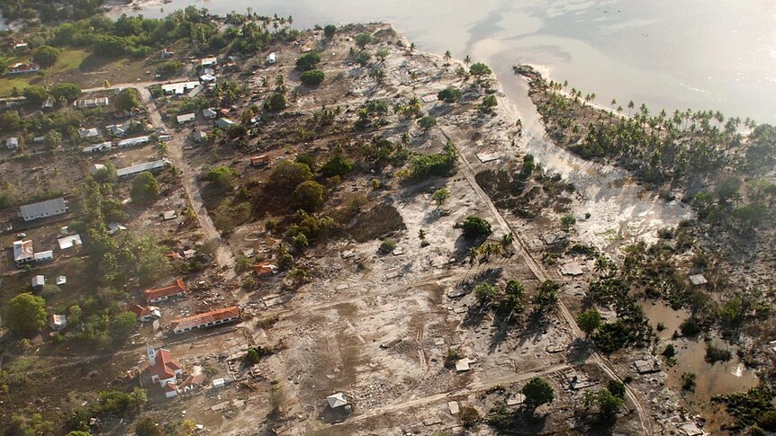 Aerial photo of tsunami devastation in Tonga