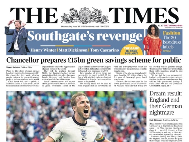 Front page of English newspaper with headlines 'Southgate's revenge' and 'Dream result: England end their  German nightmare'.