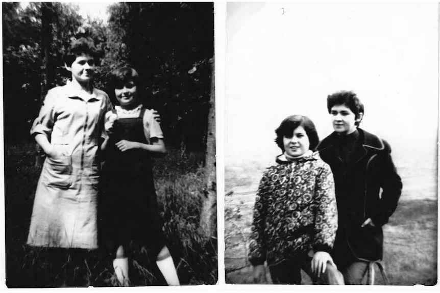 Two black-and-white photographs of an 11-year-old girl and her mother.