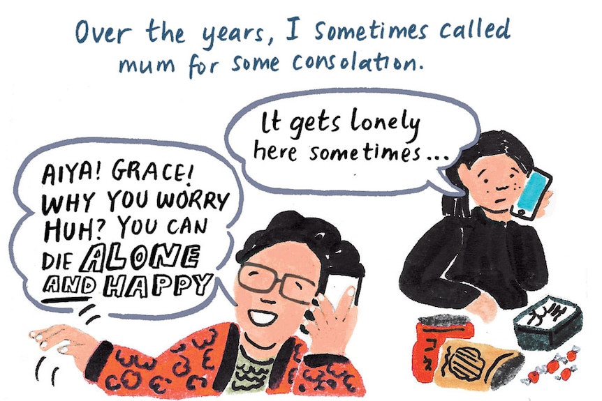 Illustration of Grace and her mum on the phone: Sometimes I'd call mum for some consolation, telling her at times it was lonely