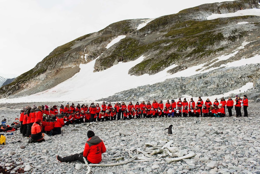 Women from the Homeward Bound project read letters around a penguin