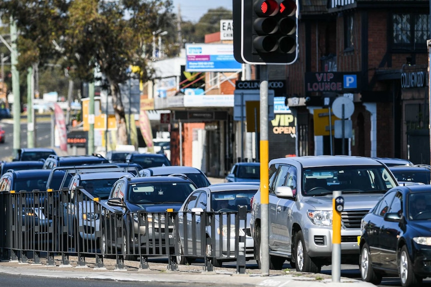 Traffic backed up at the lights on the Hume Highway in Liverpool.