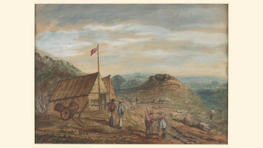 Painting titled 'Commissioners Camp, Forest Creek 1852', by George A. Kenyon, held in State Library of Victoria.