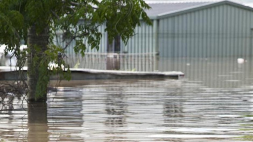 Floodwaters engulf a backyard clothesline