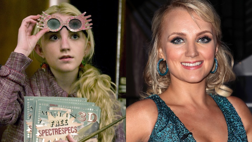 Evanna Lynch as Luna Lovegood (left) and while on Dancing with the Stars in 2018.