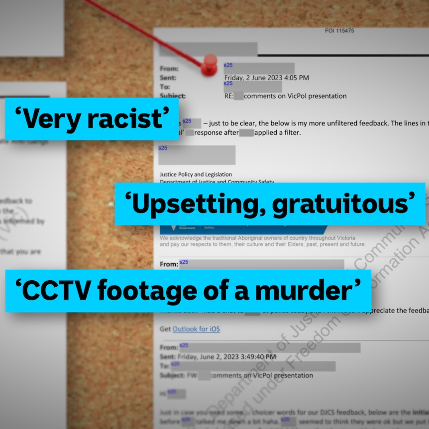 A graphic design of a document with redacted sections and words highlighted, including "very racist" and "upsetting". 