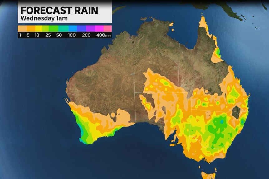 a map of australia with patches indicating rain 