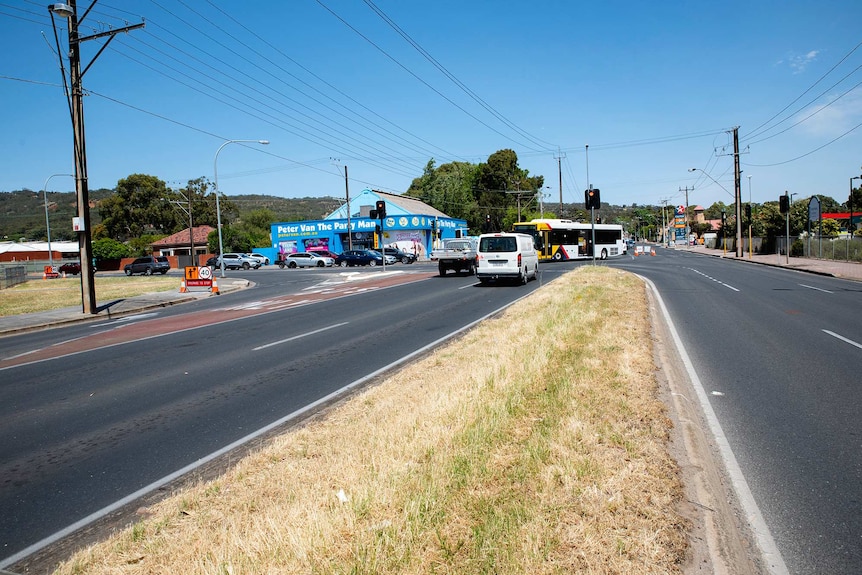 Cars wait at a red light at an intersection with a blue store in the background