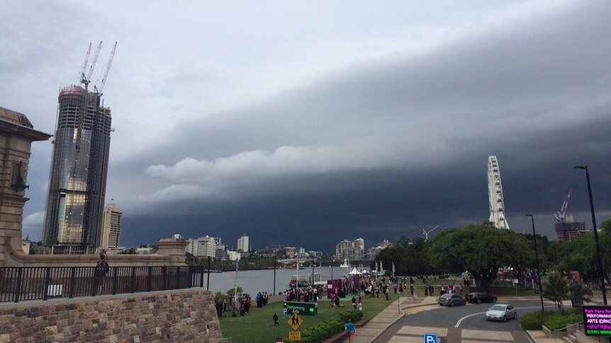 A large storm cell approaches Brisbane CBD