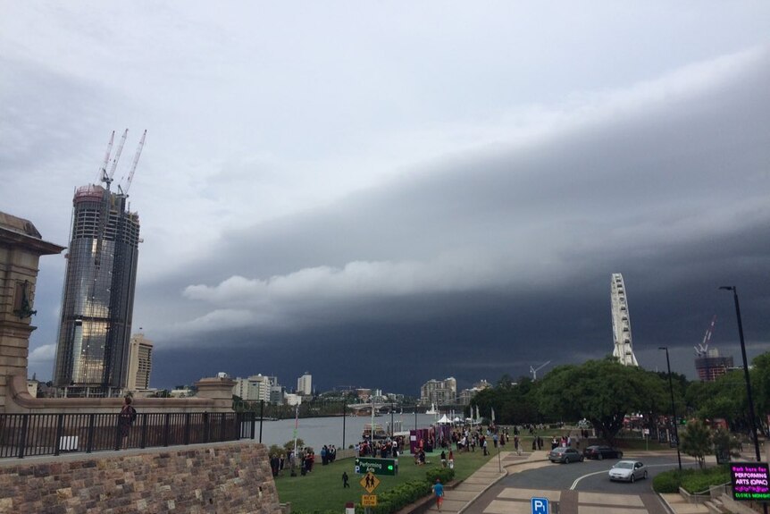 A large storm cell approaches Brisbane CBD