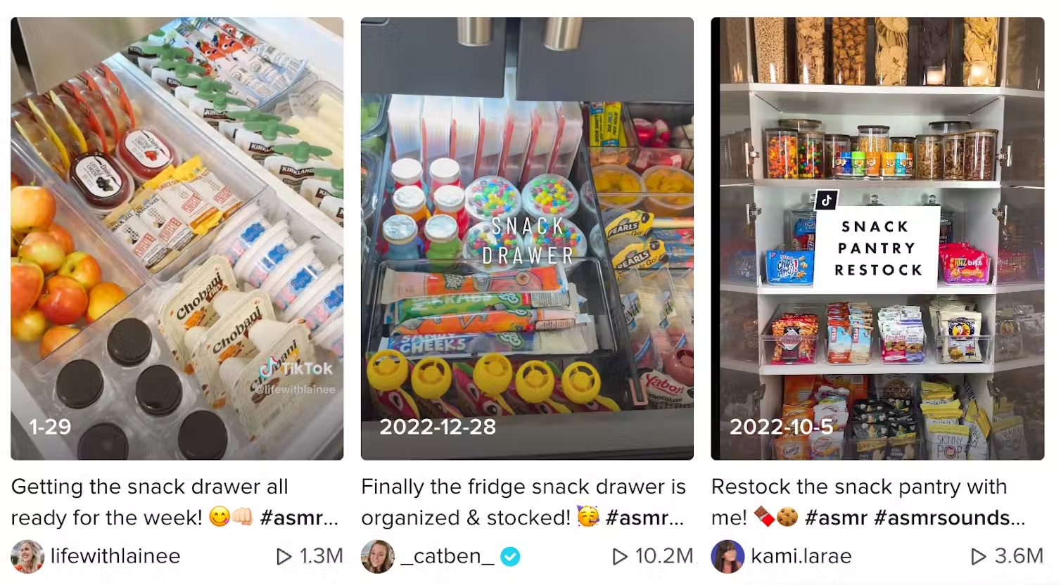 Screenshots of snack drawer restock videos on TikTok