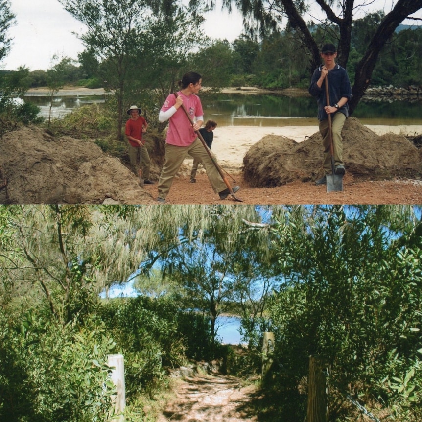 Top picture shows people with shovels on bare land. Bottom shows a lush green bush with pathway to lagoon in the middle.
