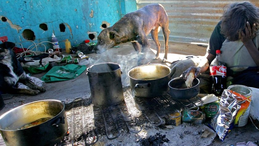 An Aboriginal woman prepares food in the squalid conditions of a Central Australian town camp.
