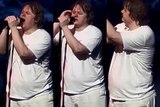 A series of three stills of Lewis Capaldi singing into microphone and turning away. 