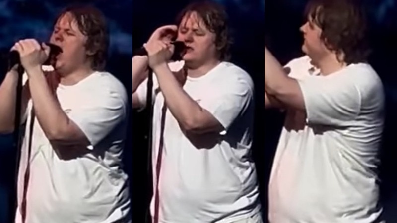 A series of three stills of Lewis Capaldi singing into microphone and turning away. 