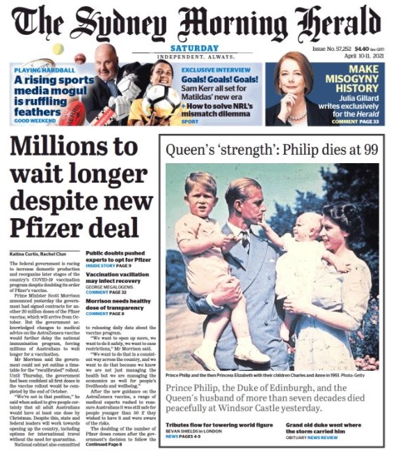 The front page of the Sydney Morning Herald newspaper the day after the death of Prince Philip.